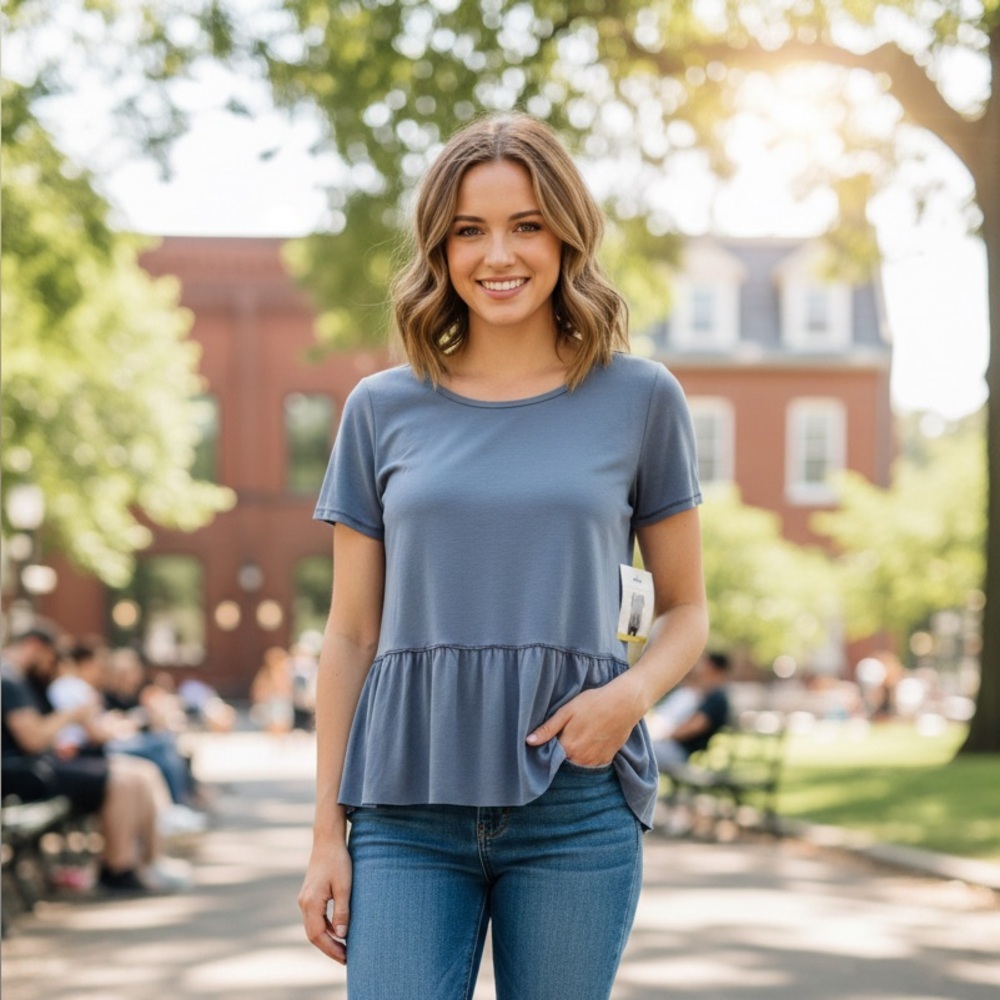 Mote | Gray-Blue Peplum Tunic Short Sleeve Blouse | Sz M